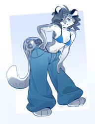 Size: 1681x2192 | Tagged: safe, artist:kyuuoku, big cat, feline, mammal, snow leopard, anthro, 2024, big tail, bikini, bikini top, bottomwear, breasts, clothes, female, hand on hip, jeans, leaning forward, looking at you, midriff, pants, smiling, smiling at you, solo, solo female, swimsuit, tail, thick thighs, thighs, wide hips
