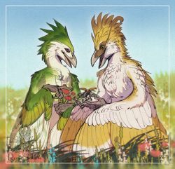 Size: 1054x1015 | Tagged: safe, artist:runasolaris, arthropod, beetle, bird, insect, anthro, 2024, ambiguous gender, beak, blue eyes, duo, feathered wings, feathers, field, flower, green body, green eyes, outdoors, plant, winged arms, wings, yellow body