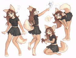 Size: 2048x1568 | Tagged: safe, artist:yshanii, canine, fox, mammal, anthro, bottomwear, brushing, clothes, comb, female, leaning forward, shirt, skirt, solo, solo female, tail, topwear