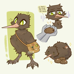 Size: 2000x2000 | Tagged: safe, artist:kazunekomori, bird, kiwi, feral, 1:1, 2024, ambiguous gender, bag, beak, brown body, claws, container, feathers, food, fruit, green eyes, high res, sitting, speech bubble, talons, text