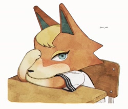 Size: 2048x1742 | Tagged: safe, artist:oni_atat, audie (animal crossing), canine, mammal, wolf, semi-anthro, animal crossing, animal crossing: new horizons, nintendo, 2d, blushing, chair, female, on model, signature, solo, solo female, table