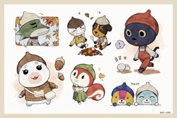 Size: 2048x1356 | Tagged: safe, artist:oni_atat, bluebear (animal crossing), dobie (animal crossing), flurry (animal crossing), genji (animal crossing), kiki (animal crossing), poppy (animal crossing), stitches (animal crossing), bear, canine, cat, dog, feline, hamster, lagomorph, mammal, rabbit, rodent, rottweiler, squirrel, wolf, semi-anthro, animal crossing, nintendo, 2d, acorn, bottomwear, butch (animal crossing), campfire, clothes, eating, exclamation point, eyes closed, female, group, hat, headwear, heart, male, mushroom, on model, open mouth, open smile, paw pads, paws, purse, running, sitting, skirt, smiling, sweater, topwear