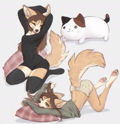 Size: 1884x1956 | Tagged: safe, artist:yshanii, oc, oc:cotton (yshanii), canine, dingo, mammal, anthro, 2024, arms behind head, blep, clothes, ear fluff, eyes closed, face down ass up, female, fluff, paw pads, paws, shirt, solo, solo female, stretching, tail, tail fluff, tongue, tongue out, topwear, underwear