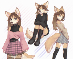 Size: 2129x1730 | Tagged: safe, artist:yshanii, oc, oc:cotton (yshanii), canine, dingo, mammal, anthro, bottomwear, clothes, female, jacket, looking at you, looking back, looking back at you, off shoulder, shirt, sitting, skirt, solo, solo female, tail, topwear