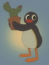 Size: 768x1024 | Tagged: safe, artist:doggie358, pingu (pingu), bird, penguin, semi-anthro, cc by-nc-sa, creative commons, pingu (series), 2022, 2d, bird feet, black eyes, black feathers, cactus, digital art, feathers, flower, flower pot, front view, gradient background, holding, holding object, male, plant, solo, solo male, standing, three-quarter view, white belly