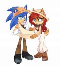 Size: 1882x2048 | Tagged: safe, artist:melodyclerenes, princess sally acorn (sonic), sonic the hedgehog (sonic), chipmunk, hedgehog, mammal, rodent, anthro, archie sonic the hedgehog, sega, sonic the hedgehog (series), 2024, 2d, black nose, blue body, blue eyes, blue fur, bottomwear, breasts, brown body, brown fur, cheek fluff, clothes, dress, eye through hair, fluff, footwear, fur, green eyes, hair, hat, headwear, map, open mouth, pants, red hair, shoes, short tail, simple background, smiling, standing, tail, tail fluff, white background