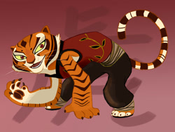 Size: 1728x1296 | Tagged: safe, artist:graystripe64, master tigress (kung fu panda), big cat, feline, mammal, tiger, anthro, dreamworks animation, kung fu panda, 2011, 2d, 4 fingers, 4 toes, all fours, brown nose, cheek fluff, claws, colored sclera, female, fluff, fur, open mouth, open smile, pink tongue, red eyes, smiling, solo, solo female, striped body, striped fur, teeth, tigress, tongue, whiskers, yellow sclera