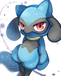 Size: 1080x1350 | Tagged: safe, artist:yawaoru, fictional species, mammal, riolu, feral, nintendo, pokémon, 2023, 2d, ambiguous gender, blue body, looking at you, red eyes, signature, solo, solo ambiguous