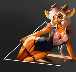 Size: 3612x3406 | Tagged: safe, artist:caddea, oc, oc only, dragon, fictional species, reptile, anthro, audrey, breasts, cleavage, clothes, digital art, eyes, female, hair, high res, solo, solo female, swf, uniform, white hair