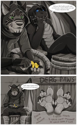 Size: 923x1500 | Tagged: suggestive, artist:raketh, cat, dragon, feline, fictional species, mammal, big feet, comic, fetish, foot fetish, foot focus, gold, male, males only, medieval, soles, stall, teasing, text, toes