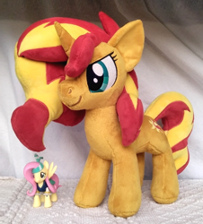 Size: 3774x4169 | Tagged: safe, artist:azdaracylius, fluttershy (mlp), sunset shimmer (mlp), equine, fictional species, mammal, pegasus, pony, unicorn, feral, friendship is magic, hasbro, my little pony, 2024, high res, irl, photo, plushie, size difference, smiling, toy