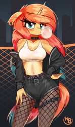Size: 2258x3813 | Tagged: safe, artist:nevobaster, oc, oc only, oc:sheron, equine, fictional species, mammal, pony, unicorn, anthro, friendship is magic, hasbro, my little pony, 2024, anthrofied, bedroom eyes, belly button, bottomwear, bubblegum, city, clothes, collar, denim, ear piercing, eyelashes, eyeshadow, female, fishnet, fishnet clothing, fishnet stockings, food, freckles, gum, hair, high res, horn, jacket, jeans, legwear, lidded eyes, looking at you, makeup, mane, nail polish, night, pants, piercing, red hair, red mane, red tail, see-through, shorts, solo, stockings, tail, thigh highs, topwear