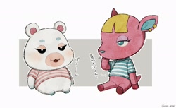 Size: 2048x1252 | Tagged: safe, artist:oni_atat, flurry (animal crossing), fuchsia (animal crossing), deer, hamster, mammal, rodent, semi-anthro, animal crossing, nintendo, 2d, blushing, clothes, doe, duo, duo female, ear piercing, earring, female, females only, japanese text, on model, piercing, shirt, signature, sitting, text, topwear, translation request