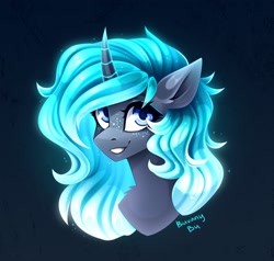 Size: 2048x1951 | Tagged: safe, artist:buvanybu, oc, oc only, equine, fictional species, mammal, pony, unicorn, feral, friendship is magic, hasbro, my little pony, 2024, blue eyes, bust, commission, female, freckles, hair, horn, mane, mare, smiling, solo, solo female