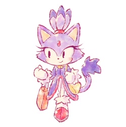 Size: 1062x1066 | Tagged: safe, artist:uno yuuji, official art, blaze the cat (sonic), cat, feline, mammal, sega, sonic the hedgehog (series), 2024, bag, black eyes, bottomwear, clothes, container, eyelashes, female, footwear, forehead gem, fur, gloves, hair, high heels, jacket, looking to the side, pants, ponytail, purple body, purple fur, shoes, shopping bag, smiling, solo, solo female, tail, topknot, topwear