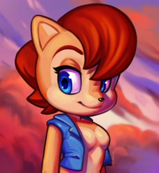 Size: 1880x2048 | Tagged: safe, artist:steviejoycole, princess sally acorn (sonic), chipmunk, mammal, rodent, archie sonic the hedgehog, sega, sonic the hedgehog (series), 2024, blue eyes, brown body, brown fur, clothes, eyelashes, female, fur, hair, jacket, red hair, smiling, solo, solo female, topwear
