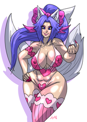 Size: 3000x4200 | Tagged: suggestive, artist:redhare, animal humanoid, canine, fictional species, fox, kitsune, mammal, yokai, humanoid, blue eyes, breasts, cameltoe, clothes, commission, curvy, cute, female, hand on hip, lingerie, multiple tails, nipple outline, pink underwear, sexy, simple background, solo, solo female, stripper, tail, thick, thick thighs, thighs, underwear, vixen, white background, wide hips, ych