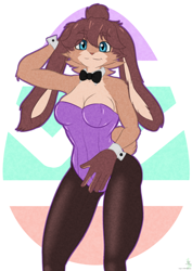 Size: 904x1280 | Tagged: safe, artist:jorge-the-wolfdog, part of a set, lop (star wars: visions), lagomorph, mammal, rabbit, anthro, star wars, star wars: visions, 2024, breasts, clothes, digital art, ears, easter, evening gloves, eyelashes, female, fur, gloves, hair, holiday, legwear, leotard, long gloves, looking at you, simple background, solo, solo female, stockings, suit, tail, thighs, wide hips