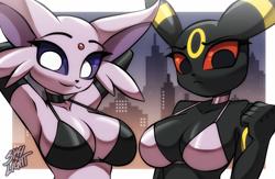 Size: 2000x1300 | Tagged: safe, artist:skylightdraws, eeveelution, espeon, fictional species, mammal, umbreon, anthro, nintendo, pokémon, 2023, armpits, arms behind head, big breasts, bikini, bikini top, breasts, cleavage, clothes, colored sclera, detailed background, digital art, duo, duo female, ears, evening gloves, eyelashes, female, females only, fur, gloves, half body, long gloves, looking at you, purple sclera, red sclera, swimsuit, tail, wide hips