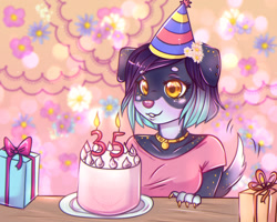 Size: 1700x1360 | Tagged: safe, artist:cheezayballz, oc, oc only, canine, dog, mammal, anthro, 2024, birthday, birthday cake, breasts, cake, clothes, digital art, ears, eyelashes, female, food, fur, hair, hat, headwear, party hat, shirt, solo, solo female, tail, thighs, topwear, wide hips