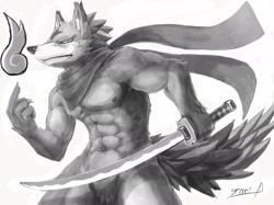 Size: 2048x1535 | Tagged: safe, artist:geppei5959, canine, mammal, anthro, 2017, abs, athletic, athletic anthro, athletic male, cheek tuft, clothes, countershading, digital art, facial tuft, fangs, fluff, grayscale, grey scarf, grey tail, high res, holding, holding katana, holding object, holding sword, holding weapon, katana, kemono, looking at you, male, melee weapon, monochrome, muscles, nudity, partial nudity, pecs, scarf, scarf only, sharp teeth, simple background, solo, sword, tail, tail tuft, teeth, weapon, white background