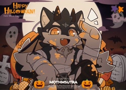 Size: 2048x1469 | Tagged: safe, artist:yunbucai, canine, fictional species, ghost, mammal, undead, wolf, anthro, 2 horns, halloween, holiday, kemono, male, pumpkin, solo, solo male, vegetables
