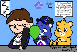 Size: 2300x1568 | Tagged: safe, artist:mrstheartist, funshine bear (care bears), oc, oc:creative bear, oc:mr.s, bear, fictional species, human, mammal, semi-anthro, care bears, care bears: unlock the magic, april fools' day, balloon, black outline, blue background, care bear, digital art, double thumbs up, eyes closed, holiday, male, males only, medibang paint, pin, prank, simple background, sleeping, trio, trio male, whispering, zzz