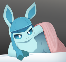 Size: 1667x1570 | Tagged: safe, artist:sum, eeveelution, fictional species, glaceon, mammal, semi-anthro, nintendo, pokémon, 2024, 2d, ambiguous gender, bed, bedroom eyes, blanket, blue body, blue eyes, blue fur, blue inner ear, blue sclera, casual nudity, chest fluff, closed mouth, closed smile, colored pupils, colored sclera, complete nudity, detailed background, digital art, ears, elbow fluff, fluff, fur, indoors, leaning on elbow, long ears, looking at you, lying down, lying on bed, nudity, on bed, paws, pose, shoulder fluff, solo, solo ambiguous, thighs, under blanket, white pupils