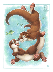Size: 893x1200 | Tagged: safe, artist:kacey, fish, mammal, mustelid, otter, feral, 2024, 2d, acrylic, ambiguous gender, big tail, boop, border, brown body, brown fur, bubbles, casual nudity, cheek fluff, chest fluff, claws, complete nudity, countershading, cute, diving, double outline, duo focus, ears, fluff, fur, happy, head fluff, ink drawing, leg fluff, long tail, marker drawing, neck fluff, nudity, open mouth, open smile, outdoors, paw pads, paws, playful, side view, signature, smiling, smiling at each other, swimming, tail, thigh fluff, thighs, tongue, traditional art, underpaw, underwater, water, watermark, wet, wet body, wet fur, wet tail, white border