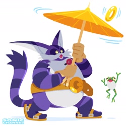 Size: 1958x1958 | Tagged: safe, artist:uno yuuji, official art, big the cat (sonic), froggy (sonic), amphibian, cat, feline, frog, mammal, sega, sonic heroes, sonic the hedgehog (series), 2023, anniversary, belt, blobfeet, clothes, fur, gloves, green body, green fur, looking up, male, multicolored body, multicolored fur, open mouth, parasol, purple body, purple fur, ring (sonic), sandals, shoes, simple background, solo, solo male, tail, two toned body, two toned fur, umbrella