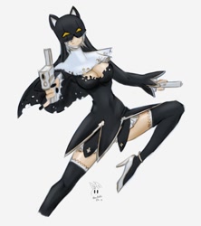 Size: 960x1080 | Tagged: safe, artist:neoneko5000, fictional species, humanoid, digimon, 2019, bottomwear, clothes, female, full body, gray hair, gun, hair, hat, headwear, high heels, looking at you, shoes, signature, simple background, sistermon noir (awake), skirt, solo, solo female, weapon, white background, wingding eyes