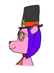 Size: 445x597 | Tagged: safe, artist:seth65, mammal, rodent, bust, collar, flower, fur, hair, hat, lillian (jeffron), magician, monocle, pink body, pink fur, plant, portrait, purple hair, short hair, smiling, top hat, yellow eyes