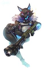 Size: 791x1280 | Tagged: safe, artist:kalivero, pack leader highwire (fortnite), canine, mammal, wolf, anthro, digitigrade anthro, epic games, fortnite, 2024, breasts, clothes, digital art, ears, eyelashes, female, fur, gun, hair, looking at you, open mouth, rifle, sharp teeth, simple background, sniper rifle, solo, solo female, suit, tail, teeth, thighs, tongue, weapon, white background, wide hips