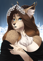 Size: 1626x2267 | Tagged: safe, artist:xchaiteakittenx, oc, oc only, feline, lynx, mammal, anthro, 2024, breasts, bust portrait, commission, digital art, ears, eyelashes, female, fluff, fur, hair, looking at you, neck fluff, simple background, solo, solo female