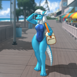 Size: 1920x1920 | Tagged: safe, artist:mykegreywolf, oc, oc only, dragon, fictional species, anthro, digitigrade anthro, 1:1, 2024, beach, breasts, clothes, commission, detailed background, digital art, dragoness, ears, eyelashes, female, hair, one-piece swimsuit, open mouth, scales, sharp teeth, solo, solo female, swimsuit, tail, teeth, thighs, tongue, wide hips