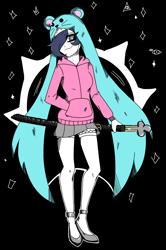 Size: 1504x2268 | Tagged: safe, artist:sakamuotoo, fictional species, humanoid, digimon, 2023, black background, blue eyes, blue hair, bottomwear, clothes, female, full body, hair, hair over one eye, hat, headwear, high heels, hoodie, legwear, shoes, simple background, sistermon ciel, skirt, smiling, solo, solo female, stockings, topwear, wingding eyes