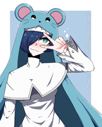 Size: 1200x1500 | Tagged: safe, artist:sakamuotoo, fictional species, humanoid, digimon, 2024, abstract background, blue hair, bust, clothes, female, gesture, hair, hair over one eye, hat, headwear, peace sign, sistermon ciel, smiling, solo, solo female, wingding eyes