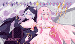 Size: 1440x852 | Tagged: safe, artist:emergevictorious, fictional species, humanoid, digimon, 2021, blue eyes, clothes, duo, duo female, female, females only, gray hair, hair, hat, headwear, looking at you, nun's habit, sistermon blanc, sistermon noir, smiling, trident, watermark, wingding eyes