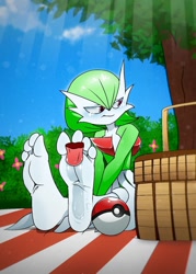 Size: 1000x1400 | Tagged: suggestive, artist:dharmindraws, fictional species, gardevoir, nintendo, pokémon, barefoot, big feet, feet, female, fetish, foot fetish, foot focus, foot worship, licking, licking foot, picnic, poké ball, saliva, shy, soles, toes, tongue, tongue out