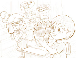 Size: 1000x769 | Tagged: suggestive, artist:zuneycat, isabelle (animal crossing), villager (animal crossing), canine, dog, human, mammal, animal crossing, nintendo, dirty feet, dominant, dominant female, feet, feet on table, feet up, female, fetish, foot fetish, foot focus, foot worship, licking, licking foot, male, relaxing, soles, submissive, submissive male, text, toes, tongue, tongue out