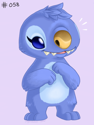 Size: 750x1000 | Tagged: safe, artist:psychedelic-lemur, oc, oc only, oc:shortsheet (sketch-lampoon), alien, experiment (lilo & stitch), fictional species, semi-anthro, series:psychedelic-lemur's experiment project, disney, lilo & stitch, 2024, 3 toes, 3:4, ambiguous gender, artist name, blue body, blue eyes, blue fur, cheek tuft, digital art, emanata, eyelashes, facial tuft, feet, fluff, fur, head fluff, head tuft, open mouth, open smile, orange nose, purple background, shaded, simple background, smiling, soft shading, solo, standing, toes