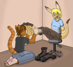 Size: 835x763 | Tagged: suggestive, artist:caroo, cat, feline, kangaroo, mammal, marsupial, blushing, boots, clothes, fetish, foot fetish, foot focus, foot worship, footwear, laughing, male, males only, shoes, smelling, soles, tied up, toes