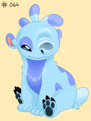 Size: 750x1000 | Tagged: safe, artist:psychedelic-lemur, oc, oc only, oc:nappifier (sketch-lampoon), alien, experiment (lilo & stitch), fictional species, feral, series:psychedelic-lemur's experiment project, disney, lilo & stitch, 2024, 3 toes, 3:4, 4 fingers, ambiguous gender, antennae, artist name, back marking, blue body, blue eyes, blue fur, blue nose, blue paw pads, body markings, claws, digital art, dipstick antennae, dipstick ears, feet, fingers, fur, multicolored antennae, multicolored ears, paw pads, paws, short tail, simple background, sitting, solo, tail, toe claws, toes, yellow background