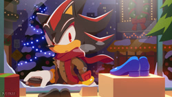 Size: 1440x810 | Tagged: safe, artist:uno yuuji, official art, big the cat (sonic), shadow the hedgehog (sonic), cat, feline, hedgehog, mammal, sega, sonic the hedgehog (series), 2023, black body, black fur, breathing, christmas, christmas lights, christmas tree, christmas wreath, clothes, coat, conifer tree, container, cup, display case, disposal, duo, duo male, fur, holiday, lights, male, males only, multicolored body, multicolored fur, night, night sky, purple body, purple fur, red body, red eyes, red fur, scarf, sign, sky, tail, tools, topwear, tree, trench coat, two toned body, two toned fur, vore, wrench