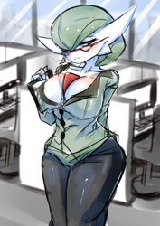 Size: 2894x4093 | Tagged: suggestive, artist:ashraely_, fictional species, gardevoir, anthro, nintendo, pokémon, 2024, bedroom eyes, bottomwear, breasts, cleavage, clothes, detailed background, digital art, ears, eyelashes, female, glasses, huge breasts, looking at you, office, pants, shirt, sketch, solo, solo female, thighs, topwear, wide hips