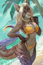 Size: 800x1200 | Tagged: safe, artist:juliathedragoncat, cat, feline, hybrid, lizard, mammal, reptile, anthro, 2024, beach, big breasts, bikini, breasts, cleavage, clothes, female, glasses, glasses off, lidded eyes, looking at you, midriff, outdoors, solo, solo female, sunglasses, swimsuit, tail, thick thighs, thighs, water, wide hips