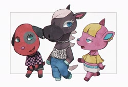 Size: 2048x1390 | Tagged: safe, artist:oni_atat, cherry (animal crossing), fuchsia (animal crossing), reneigh (animal crossing), canine, deer, dog, equine, horse, mammal, semi-anthro, animal crossing, animal crossing: new horizons, nintendo, 2d, bottomwear, clothes, doe, ear piercing, earring, female, females only, group, mare, on model, open mouth, open smile, pants, piercing, shirt, shorts, signature, smiling, topwear, trio, trio female, walking
