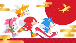 Size: 4000x2250 | Tagged: safe, artist:uno yuuji, official art, amy rose (sonic), knuckles the echidna (sonic), miles "tails" prower (sonic), sonic the hedgehog (sonic), trip the sungazer (sonic), canine, dragon, eastern dragon, echidna, fictional species, fox, hedgehog, mammal, monotreme, sega, sonic the hedgehog (series), 2023, black eyes, blue body, blue fur, bottomwear, clothes, female, flying, footwear, fur, gloves, group, hair, hairband, holiday, male, multiple tails, new year, open mouth, open smile, pink body, pink fur, red body, red fur, running, shirt, shoes, skirt, smiling, sonic superstars, tail, topwear, two tails, year of the dragon, yellow body, yellow fur
