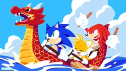 Size: 1920x1080 | Tagged: safe, artist:uno yuuji, official art, knuckles the echidna (sonic), miles "tails" prower (sonic), sonic the hedgehog (sonic), canine, echidna, fox, hedgehog, mammal, monotreme, sega, sonic the hedgehog (series), 2023, blue body, blue fur, clothes, cloud, dragon boat festival, drum, eyes closed, fur, gloves, green eyes, group, instructions, male, males only, multiple tails, oar, ocean, open mouth, open smile, outdoors, purple eyes, red body, red fur, rowing, sky, smiling, tail, teeth, trio, trio male, two tails, water, watercraft, yellow body, yellow fur