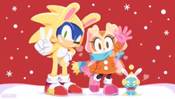 Size: 1920x1080 | Tagged: safe, artist:uno yuuji, official art, cheese (sonic), cream the rabbit (sonic), sonic the hedgehog (sonic), chao, fictional species, hedgehog, lagomorph, mammal, rabbit, sega, sonic the hedgehog (series), 2023, blue body, blue fur, brown eyes, clothes, duo, duo male and female, eyelashes, fake ears, female, footwear, full body, fur, gloves, green eyes, holiday, looking at you, male, multicolored body, multicolored fur, new year, open mouth, open smile, orange body, orange fur, peach body, peach fur, shoes, simple background, smiling, snowflake, standing, tail, teeth, two toned body, two toned fur, year of the rabbit